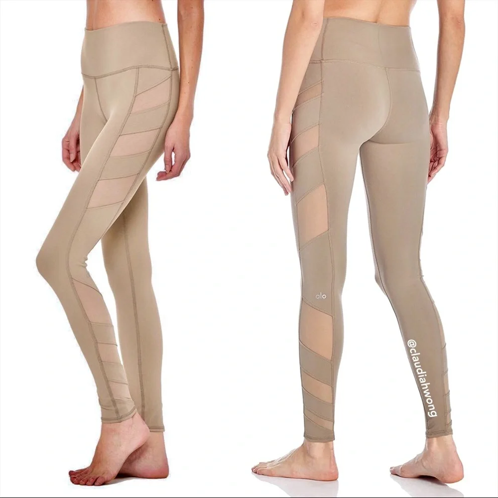ALO YOGA Block High Waist Diagonal Mesh Leggings in Gravel Beige